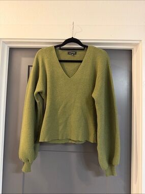 Jacquie The Label Olive Green V-Neck Ribbed Sweater With Loose Sleeves